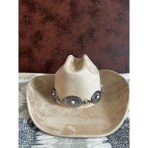 Illuma Tan Faux Suede Cowboy Hat Silver Concho Turquoise Band Western Cattleman